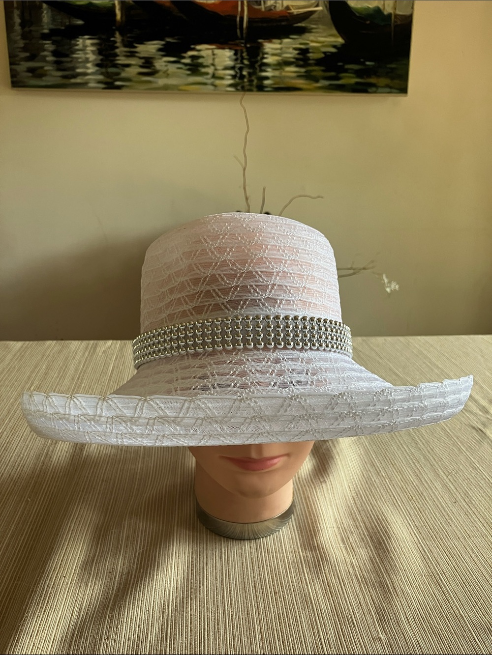 Chic White Wide-Brim Ladies Hat with Silver Beaded Band